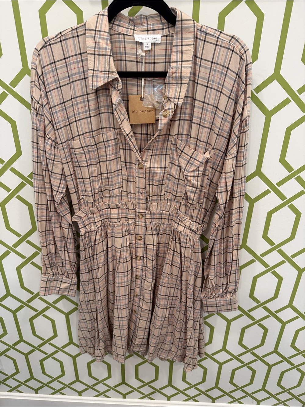 Blu Pepper Darling Beige Plaid Button-Front Long Sleeve Dress!